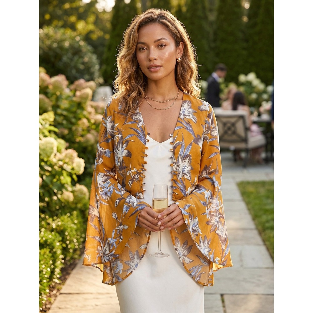Charlotte Russe Mustard Yellow Floral Bell Sleeve Cropped Bolero Top HG6263 S